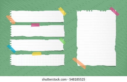 Ripped white ruled note, notebook, copybook paper sheets stuck on bright green lined pattern