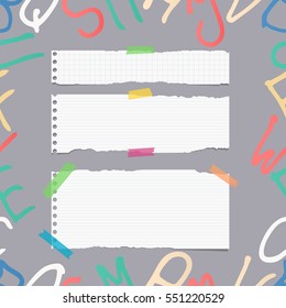 Ripped white ruled note, notebook, copybook paper sheets, strips on pattern created of alphabet letters