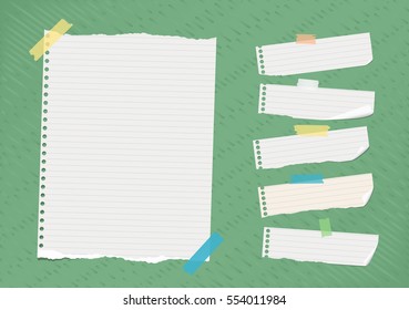 Ripped white ruled note, notebook, copybook paper sheets stuck on bright green lined pattern