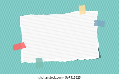 Ripped white ruled note, notebook, copybook paper stuck with colorful sticky tape on blue squared pattern