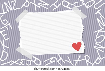 Ripped white ruled note, notebook, copybook paper stuck on gray squared pattern created of alphabet letters