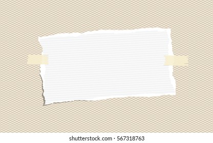 Ripped white ruled note, notebook, copybook paper sheets stuck on brown squared pattern