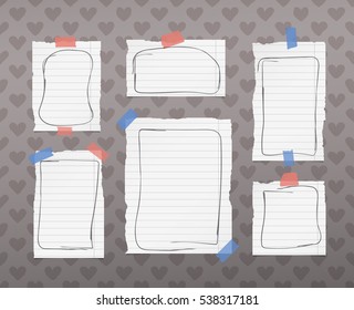 Ripped white ruled notebook, note, copybook paper sheets with doodle frames, stuck on pattern created of heart shapes