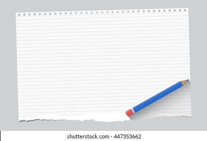 Ripped white ruled notebook paper sheet are on gray background with blue wooden pencil