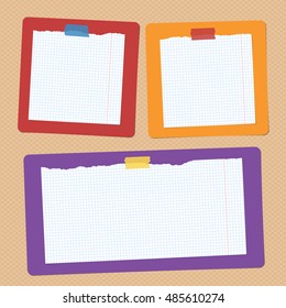 Ripped white squared note, notebook paper are stuck on colorful flat shapes