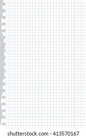 Ripped white squared notebook paper is on gray table surface or background.