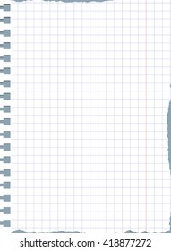 Ripped white squared notebook paper is on gray table surface or background
