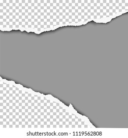 Ripped wide hole in transparent sheet of paper with gray background of the resulting window. Vector illustration.
