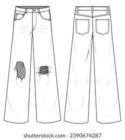 Ripped Wide Leg Denim Jeans Front and Back View. Fashion Illustration, Vector, CAD, Technical Drawing, Flat Drawing, Template, Mockup.