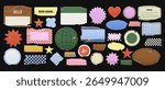 Ripped and wrinkled blank sticker labels, starbursts, checkered badges, name tag with torn edges. Grunge school planner graphics or retro punk notebook doodle tags for scrapbook, collage.