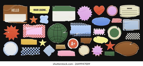 Etiquetas de etiqueta em branco rasgadas e enrugadas, estouros, crachás quadriculados, etiqueta de nome com bordas rasgadas. Gráficos de planejador da escola Grunge ou etiquetas de doodle de notebook retro punk para scrapbook, colagem.
