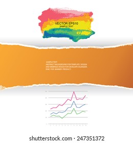 Ripped yellow paper with business graph and abstract watercolor brushed. Vector infographic background for template design.