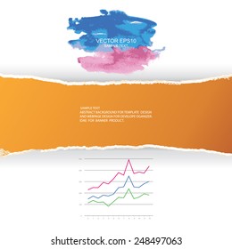 Ripped yellow paper with business graph and abstract watercolor brushed. Vector infographic background for template design.