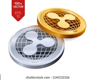 Ripple. 3D isometric coins. Digital currency. Crypto currency. Golden and silver coins with Ripple symbol isolated on white background. Block chain. Vector illustration.