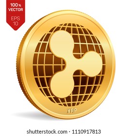 Ripple. 3D isometric Physical coin. Digital currency. Crypto currency. Golden coin with Ripple symbol isolated on white background. Block chain. Vector illustration.