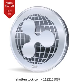 Ripple. 3D isometric Physical coin. Digital currency. Crypto currency. Silver coin with Ripple symbol isolated on white background. Block chain. Vector illustration.