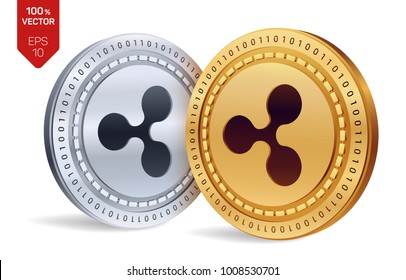 Ripple. 3D isometric Physical coins. Digital currency. Cryptocurrency. Golden and silver coins with ripple symbol isolated on white background. Vector illustration