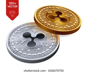 Ripple. 3D isometric Physical coins. Digital currency. Crypto currency. Golden and Silver coins with Ripple symbol isolated on white background. Block chain. Vector illustration.