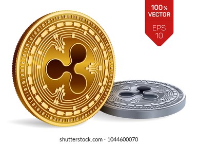 Ripple. 3D isometric Physical coins. Digital currency. Cryptocurrency. Golden and Silver coins with Ripple symbol isolated on white background. Vector illustration.