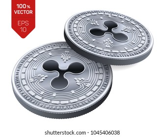 Ripple. 3D isometric Physical coins. Digital currency. Crypto currency. Silver coins with Ripple symbol isolated on white background. Block chain. Vector illustration.