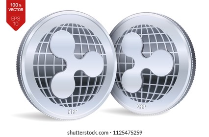 Ripple. 3D isometric Physical coins. Digital currency. Crypto currency. Silver coins with Ripple symbol isolated on white background. Block chain. Vector illustration.
