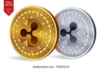 Ripple. 3D isometric Physical coins. Digital currency. Cryptocurrency. Golden and Silver coins with Ripple symbol isolated on white background. Vector illustration