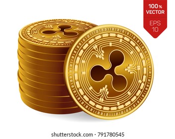 Ripple. 3D isometric Physical coins. Digital currency. Cryptocurrency. Stack of golden coins with Ripple symbol isolated on white background. Stock vector illustration