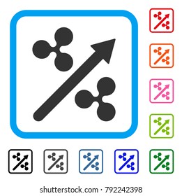 Ripple Up Arrow icon. Flat grey iconic symbol inside a blue rounded rectangle. Black, grey, green, blue, red, orange color versions of ripple up arrow vector. Designed for web and app UI.