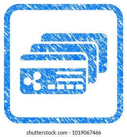 Ripple Banking Cards rubber seal stamp imitation. Icon vector symbol with grunge design and unclean texture inside rounded square frame. Scratched blue sign on a white background.