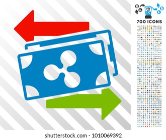 Ripple Banknotes Exchange icon with 700 bonus bitcoin mining and blockchain icons. Vector illustration style is flat iconic symbols designed for crypto-currency apps.