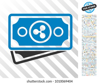 Ripple Banknotes icon with 700 bonus bitcoin mining and blockchain pictographs. Vector illustration style is flat iconic symbols designed for bitcoin software.