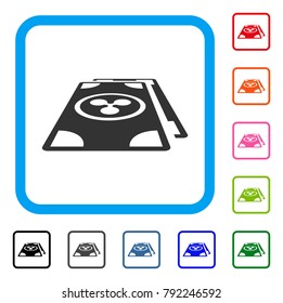 Ripple Banknotes Perspective icon. Flat grey pictogram symbol inside a blue rounded frame. Black, grey, green, blue, red, orange color additional versions of ripple banknotes perspective vector.