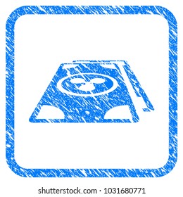 Ripple Banknotes Perspective rubber seal stamp imitation. Icon vector symbol with grunge design and unclean texture in rounded frame. Scratched blue sticker on a white background.