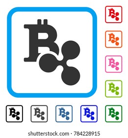 Ripple And Bitcoin icon. Flat grey pictogram symbol inside a blue rounded square. Black, gray, green, blue, red, orange color variants of Ripple And Bitcoin vector.