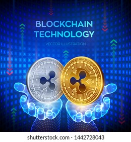 Ripple. Blockchain. 3D Physical bit coin. Block chain concept. Digital currency. Golden and silver coins with Ripple symbol in hands. Editable Cryptocurrency template. Vector illustration.