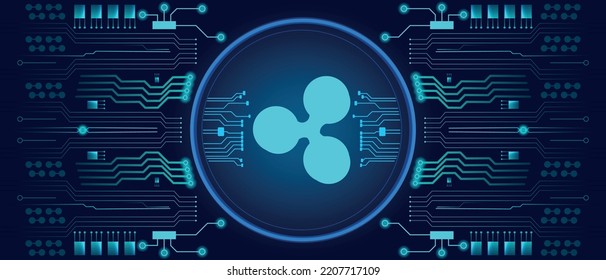 Ripple blockchain blue banner poster crypto currency digital encryption, digital money exchange. Computer circuit. Network online money digital currency technology computer cryptography