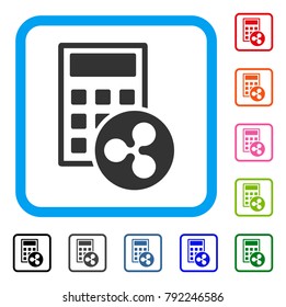 Ripple Calculator icon. Flat gray iconic symbol in a blue rounded frame. Black, gray, green, blue, red, pink color versions of ripple calculator vector. Designed for web and app user interface.
