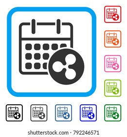Ripple Calendar icon. Flat grey iconic symbol in a blue rounded squared frame. Black, grey, green, blue, red, pink color additional versions of ripple calendar vector.