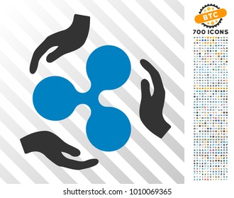 Ripple Care Hands icon with 700 bonus bitcoin mining and blockchain icons. Vector illustration style is flat iconic symbols designed for blockchain websites.