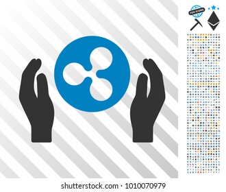 Ripple Care Hands icon with 700 bonus bitcoin mining and blockchain icons. Vector illustration style is flat iconic symbols designed for crypto currency websites.