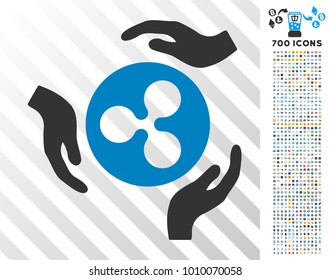 Ripple Care Hands pictograph with 7 hundred bonus bitcoin mining and blockchain icons. Vector illustration style is flat iconic symbols designed for blockchain software.