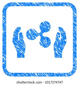 Ripple Care Hands rubber seal stamp imitation. Icon vector symbol with grunge design and dirty texture in rounded square. Scratched blue emblem on a white background.