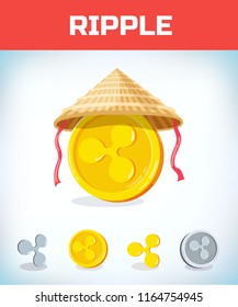 ripple in Chinese straw hat. ripple. Digital currency. Crypto currency. Money and finance symbol. Miner bit coin criptocurrency. Virtual money concept. Cartoon Vector illustration.