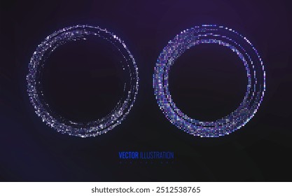 Ripple circular halftone pattern in futuristic glowing light effects. Design elements with particle for dynamic backgrounds, tech designs, and digital art. Vector illustration dotwork