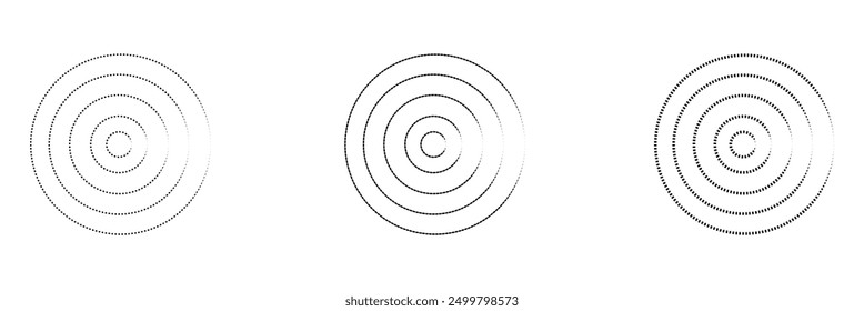 Ripple circular shapes. Vector illustration isolated on white background. Circular lines graphic pattern, dashed line ripples. Set of abstract background of concentric ripple circles. Eps file 69.
