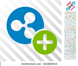 Ripple Coin Add icon with 7 hundred bonus bitcoin mining and blockchain pictograms. Vector illustration style is flat iconic symbols designed for crypto-currency software.