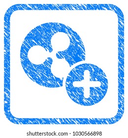 Ripple Coin Add rubber seal stamp watermark. Icon vector symbol with grunge design and dust texture in rounded frame. Scratched blue sticker on a white background.
