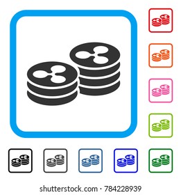 Ripple Coin Columns icon. Flat gray iconic symbol in a blue rounded rectangle. Black, gray, green, blue, red, orange color additional versions of Ripple Coin Columns vector.