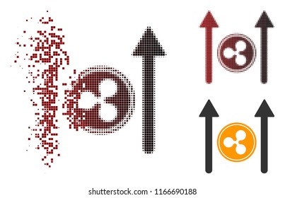 Ripple coin send arrows icon in dissolved, pixelated halftone and undamaged solid variants. Cells are grouped into vector disappearing Ripple coin send arrows pictogram.