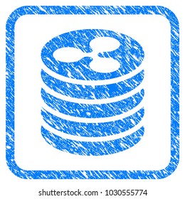 Ripple Coin Stack rubber seal stamp watermark. Icon vector symbol with grunge design and unclean texture inside rounded squared frame. Scratched blue sign on a white background.